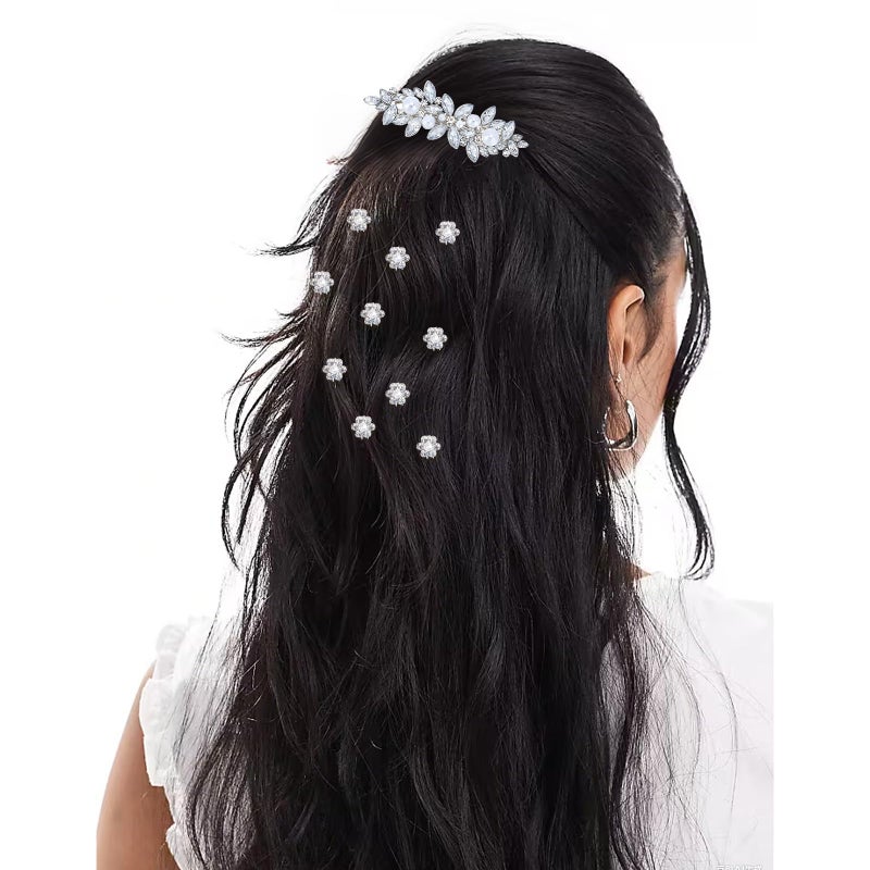ANBALA 13 Pieces Rhinestone Hair Clips, Including10 Silver Mini Flower Hair Clips, 2 Pcs Crystal Bobby Pins, 1 Decorative Rhinestones Barrette with Pearls for Bride Women Flower Girls - Image 3